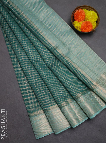 Banarasi silk cotton saree teal green and teal blue with allover zari checked pattern and zari woven border