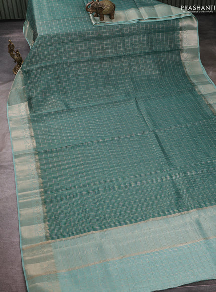 Banarasi silk cotton saree teal green and teal blue with allover zari checked pattern and zari woven border