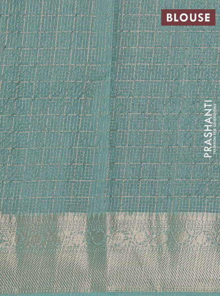 Banarasi silk cotton saree teal green and teal blue with allover zari checked pattern and zari woven border