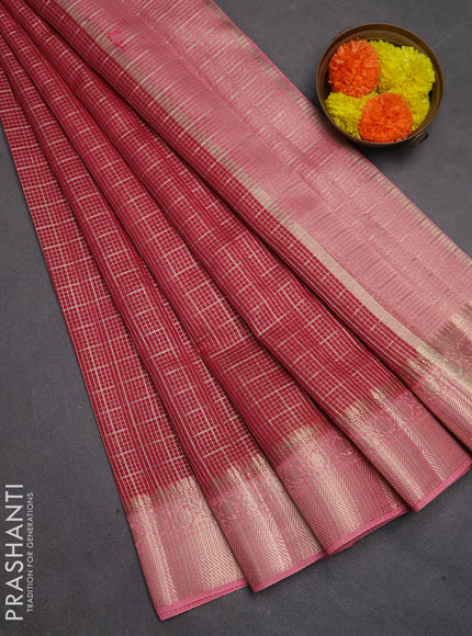 Banarasi silk cotton saree pink and peach pink with allover zari checked pattern and zari woven border