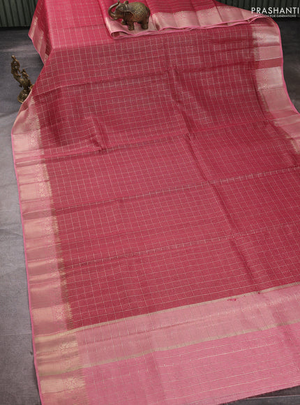 Banarasi silk cotton saree pink and peach pink with allover zari checked pattern and zari woven border