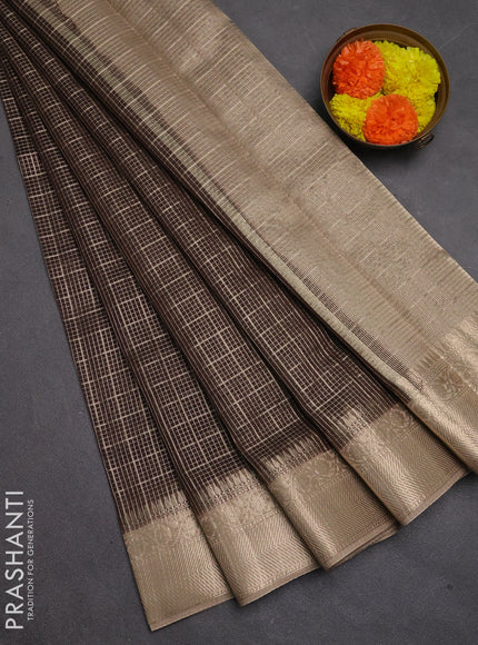 Banarasi silk cotton saree coffee brown and beige with allover zari checked pattern and zari woven border