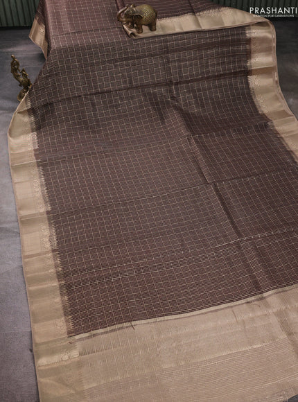 Banarasi silk cotton saree coffee brown and beige with allover zari checked pattern and zari woven border