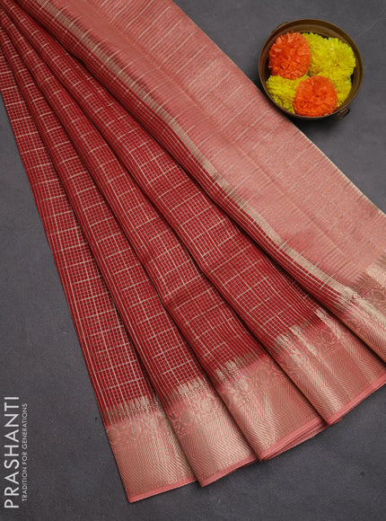 Banarasi silk cotton saree maroon and peach shade with allover zari checked pattern and zari woven border