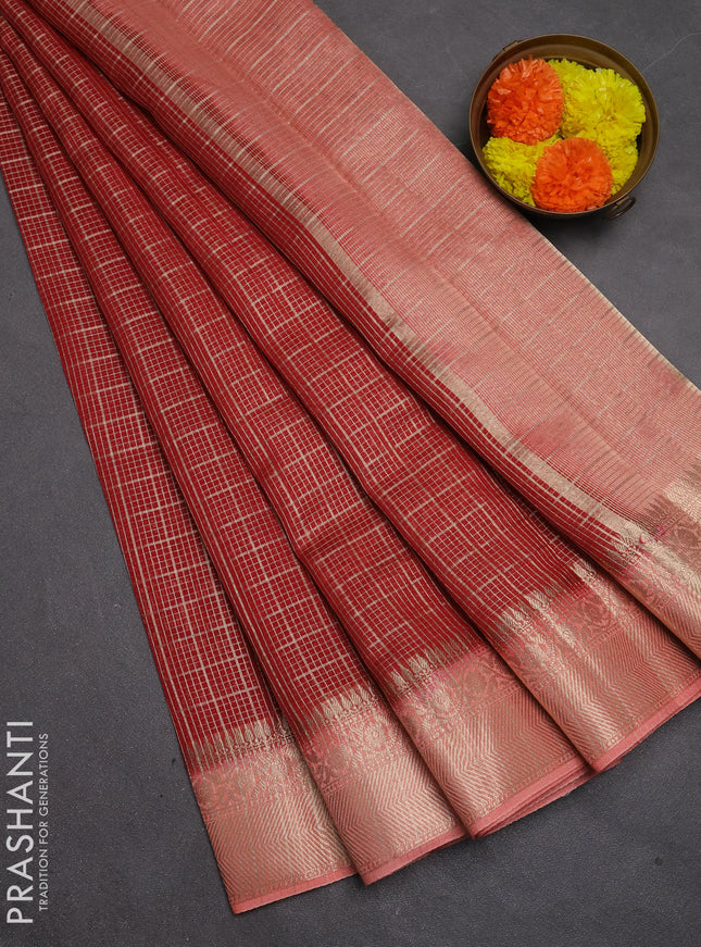 Banarasi silk cotton saree maroon and peach shade with allover zari checked pattern and zari woven border