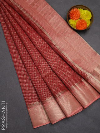 Banarasi silk cotton saree maroon and peach shade with allover zari checked pattern and zari woven border