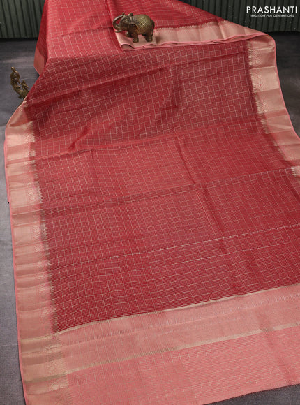 Banarasi silk cotton saree maroon and peach shade with allover zari checked pattern and zari woven border