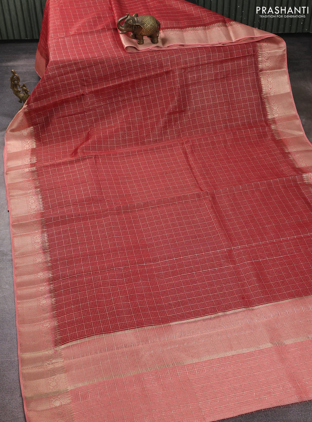 Banarasi silk cotton saree maroon and peach shade with allover zari checked pattern and zari woven border