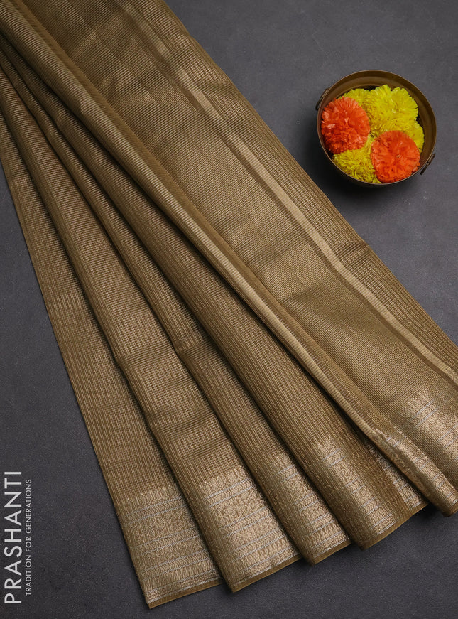Banarasi silk cotton saree mehendi green with allover small zari woven border and zari woven border