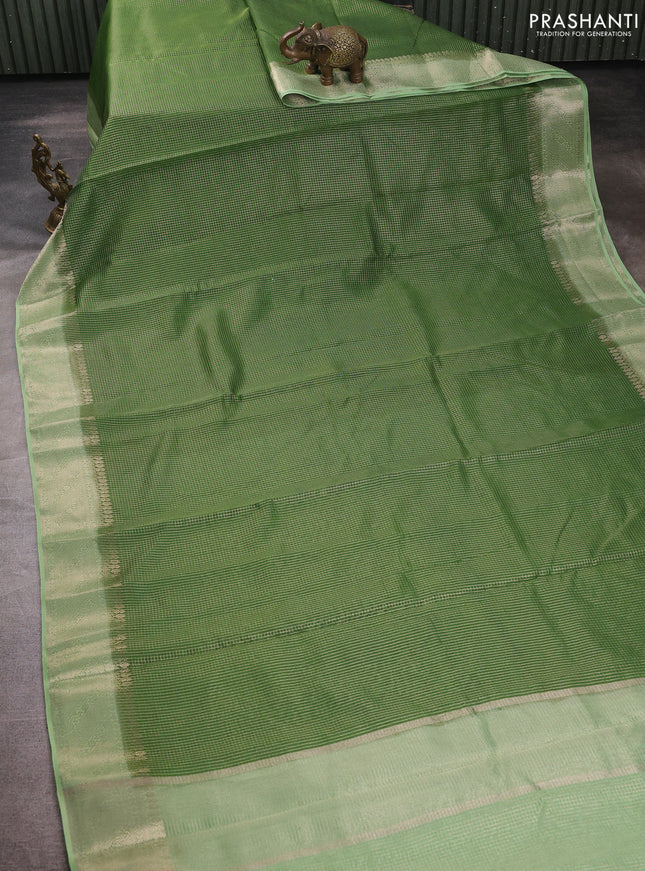 Banarasi silk cotton saree light green and pista green with allover small zari checked pattern and zari woven border