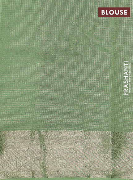 Banarasi silk cotton saree light green and pista green with allover small zari checked pattern and zari woven border