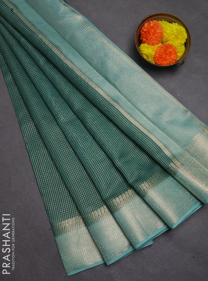 Banarasi silk cotton saree green and teal green with allover small zari checked pattern and zari woven border