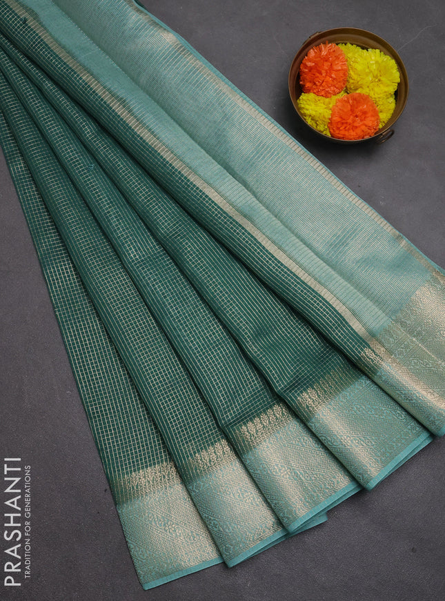 Banarasi silk cotton saree green and teal green with allover small zari checked pattern and zari woven border