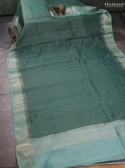 Banarasi silk cotton saree green and teal green with allover small zari checked pattern and zari woven border