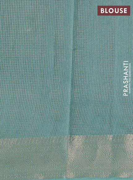 Banarasi silk cotton saree green and teal green with allover small zari checked pattern and zari woven border