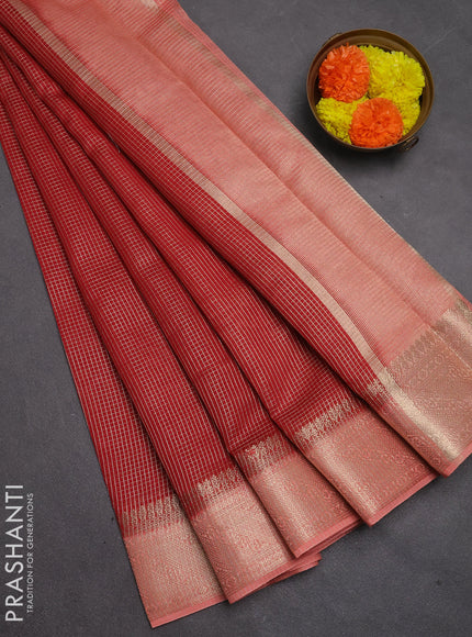 Banarasi silk cotton saree maroon and peach shade with allover small zari checked pattern and zari woven border
