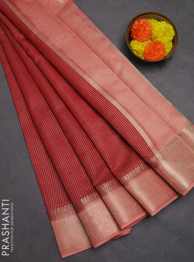 Banarasi silk cotton saree maroon and peach shade with allover small zari checked pattern and zari woven border
