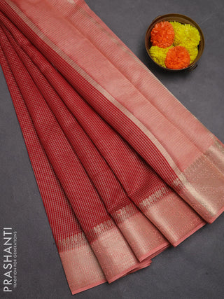 Banarasi silk cotton saree maroon and peach shade with allover small zari checked pattern and zari woven border