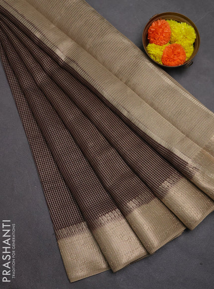 Banarasi silk cotton saree coffee brown and beige with allover small zari checked pattern and zari woven border