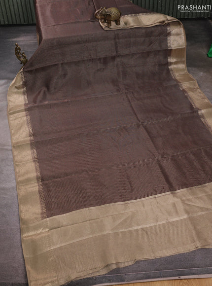 Banarasi silk cotton saree coffee brown and beige with allover small zari checked pattern and zari woven border