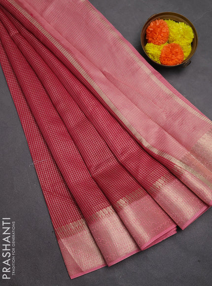 Banarasi silk cotton saree pink and peach pink with allover small zari checked pattern and zari woven border