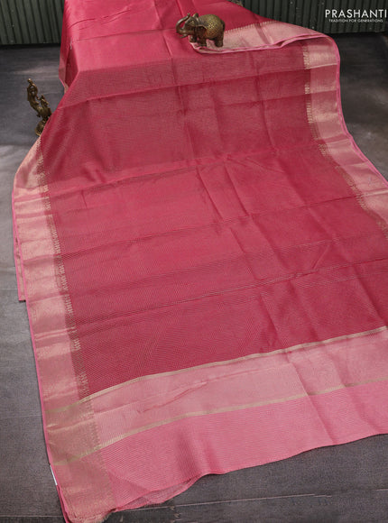 Banarasi silk cotton saree pink and peach pink with allover small zari checked pattern and zari woven border