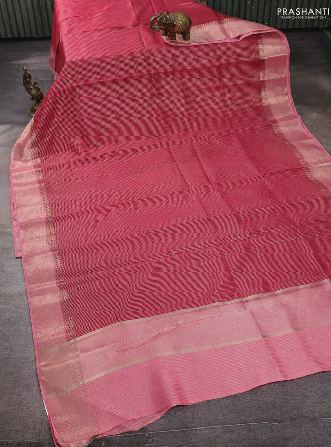 Banarasi silk cotton saree pink and peach pink with allover small zari checked pattern and zari woven border