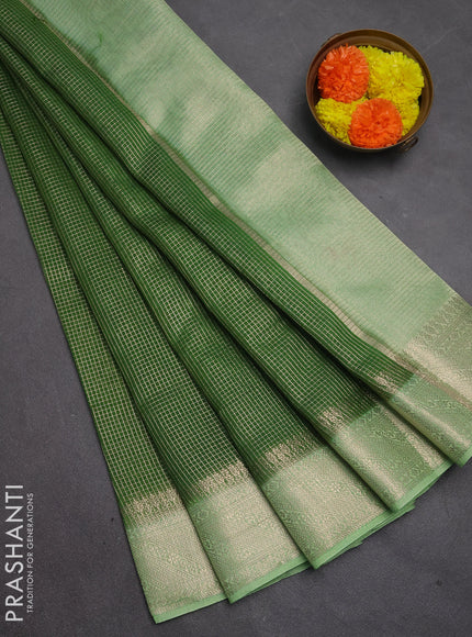 Banarasi silk cotton saree light green and pista green with allover small zari checked pattern and zari woven border
