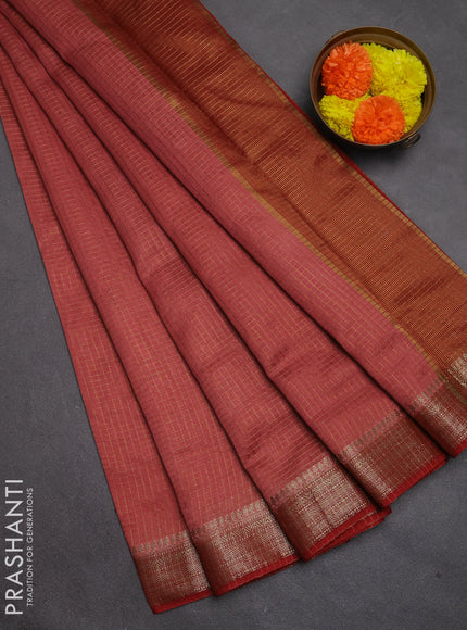 Banarasi silk cotton saree pastel maroon and rust shade with allover small zari checked pattern and woven border