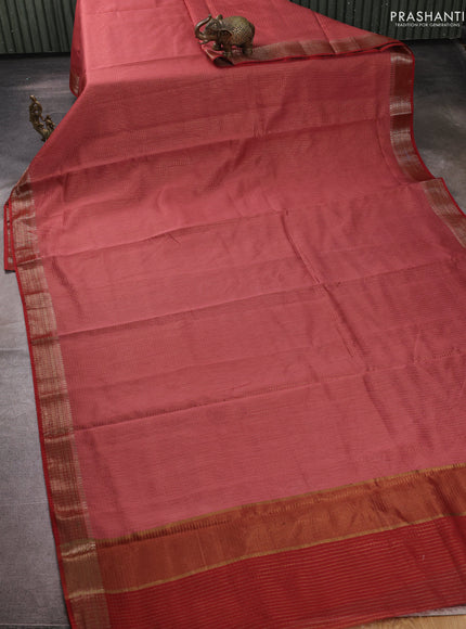 Banarasi silk cotton saree pastel maroon and rust shade with allover small zari checked pattern and woven border