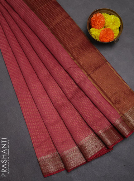 Banarasi silk cotton saree maroon and pink with allover small zari checked pattern and woven border