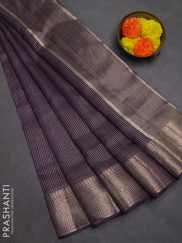 Banarasi silk cotton saree violet with allover small zari checked pattern and zari woven border