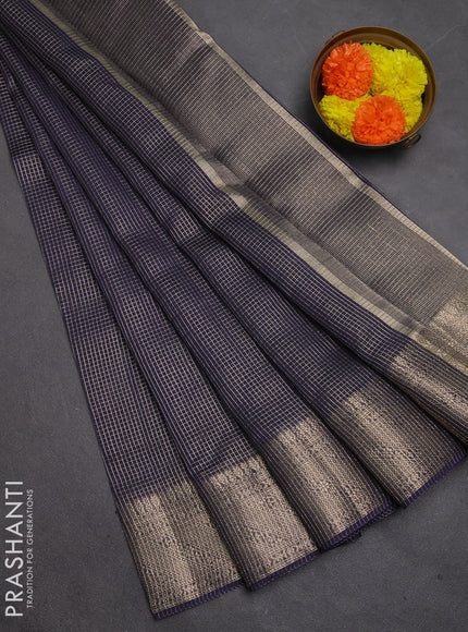 Banarasi silk cotton saree navy blue with allover small zari checked pattern and zari woven border