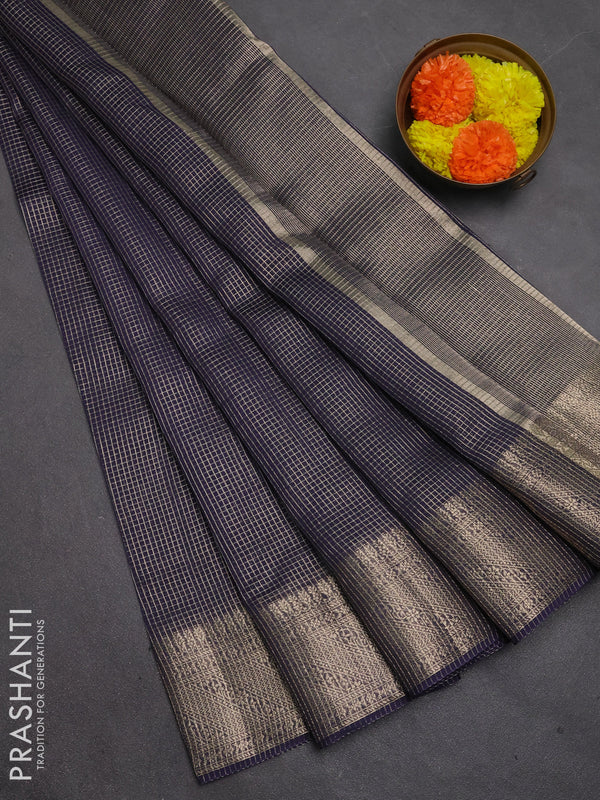 Banarasi silk cotton saree navy blue with allover small zari checked pattern and zari woven border