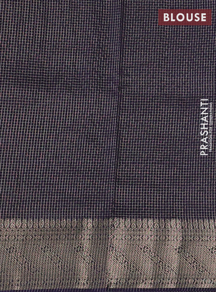 Banarasi silk cotton saree navy blue with allover small zari checked pattern and zari woven border