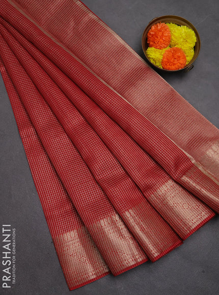 Banarasi silk cotton saree maroon with allover small zari checked pattern and zari woven border