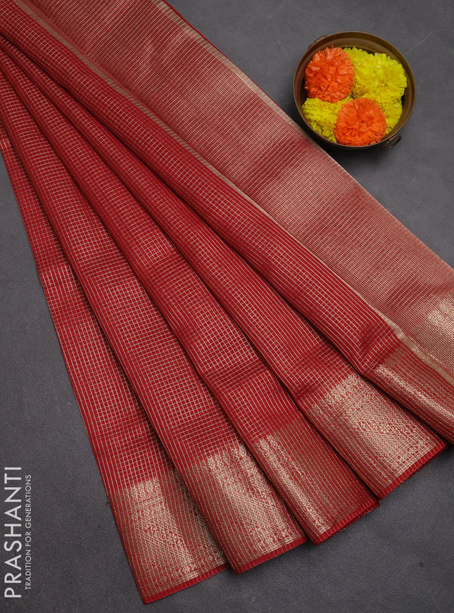 Banarasi silk cotton saree maroon with allover small zari checked pattern and zari woven border