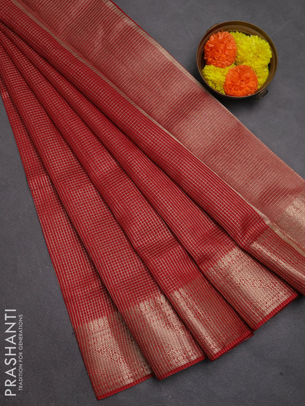 Banarasi silk cotton saree maroon with allover small zari checked pattern and zari woven border