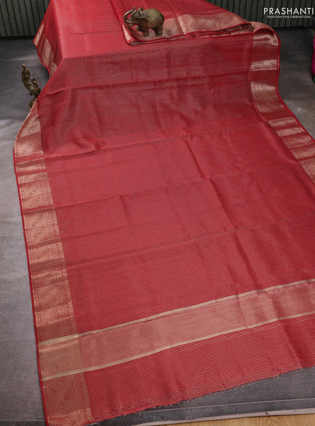Banarasi silk cotton saree maroon with allover small zari checked pattern and zari woven border