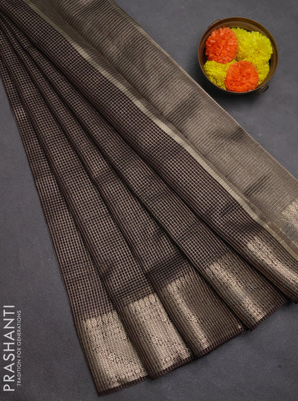 Banarasi silk cotton saree coffee brown with allover small zari checked pattern and zari woven border