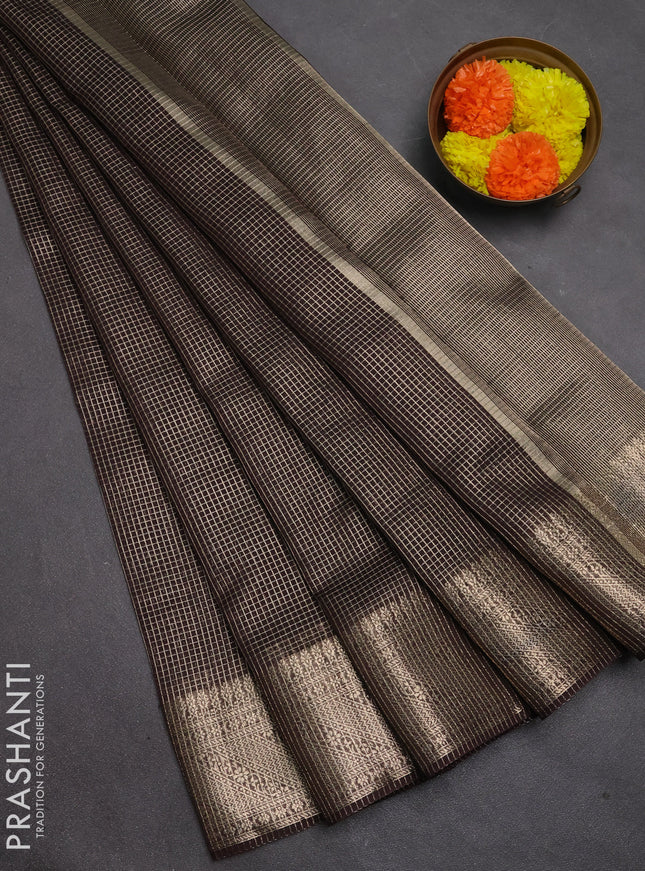 Banarasi silk cotton saree coffee brown with allover small zari checked pattern and zari woven border