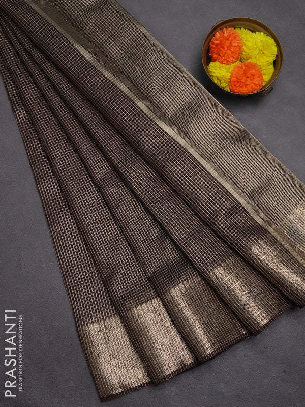 Banarasi silk cotton saree coffee brown with allover small zari checked pattern and zari woven border