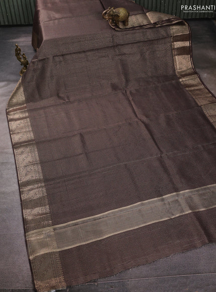 Banarasi silk cotton saree coffee brown with allover small zari checked pattern and zari woven border