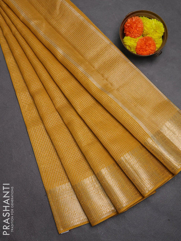 Banarasi silk cotton saree mustard yellow with allover small zari checked pattern and zari woven border