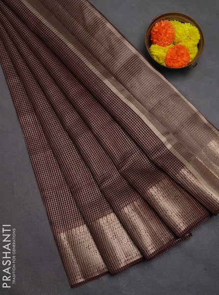Banarasi silk cotton saree coffee brown with allover small zari checked pattern and zari woven border