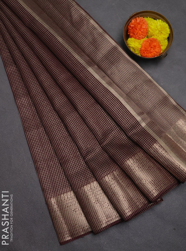 Banarasi silk cotton saree coffee brown with allover small zari checked pattern and zari woven border