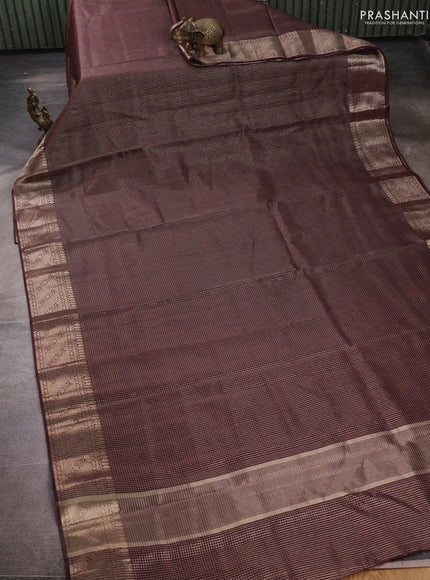 Banarasi silk cotton saree coffee brown with allover small zari checked pattern and zari woven border