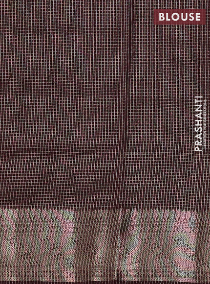 Banarasi silk cotton saree coffee brown with allover small zari checked pattern and zari woven border