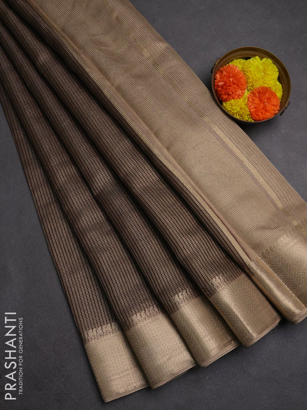 Banarasi silk cotton saree coffee brown and beige with allover small zari woven border and zari woven border