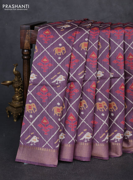 Munga tussar silk saree purple with allover patola prints and zari woven border
